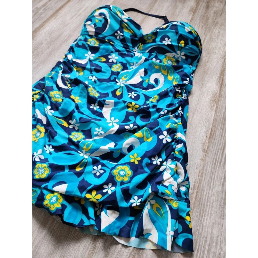 Sunshine Zone One Piece Swim Dress Blue Yellow Floral Adjustable Strap Sz 1X EUC - Picture 2 of 7